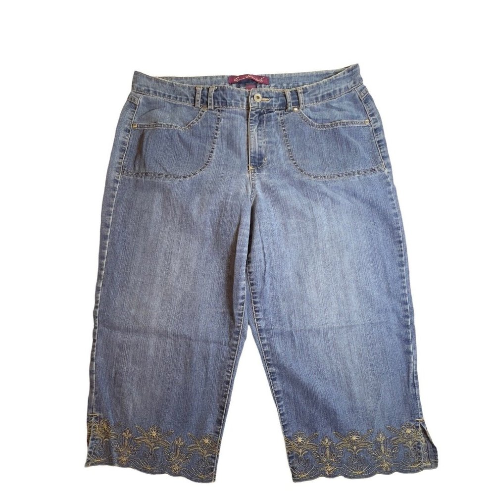 Gloria Vanderbilt Women's Floral Embroidered Bottom’s Capri Denim Jeans- Sz‎ 14